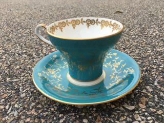 Vintage Aynsley Bone China Turquoise Blue Tea Cup Saucer With Rose And Gold Trim