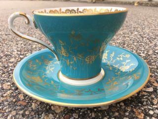 Vintage Aynsley Bone China Turquoise Blue Tea Cup Saucer with Rose and gold trim 2