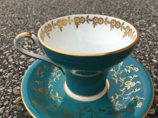 Vintage Aynsley Bone China Turquoise Blue Tea Cup Saucer with Rose and gold trim 3