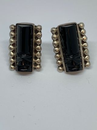 Vtg Mexico 925 Sterling Silver - Black Onyx Carved Face Clip - On Earrings Fra