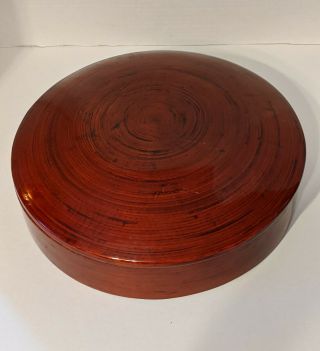 Large Vintage Wooden Red Lacquered Round Covered Bowl Box Sewing Box Tray