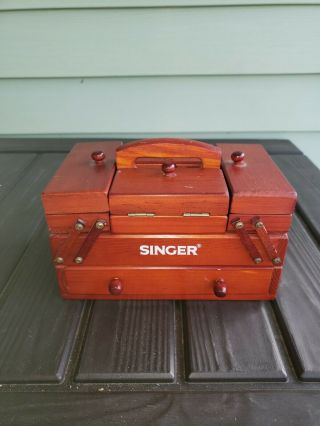 Vintage Singer Wooden Accordion Sewing Box Fold Out Organizer Missing Feet