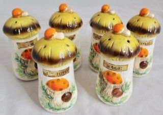 Set Of 6 Vintage Merry Mushroom Sears & Roebuck Spice Shakers Jars