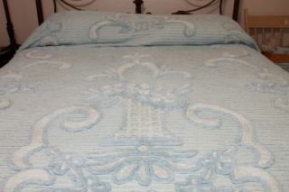Vintage Blue And White Chenille Bedspread Full Double Size 102 " X 88 "