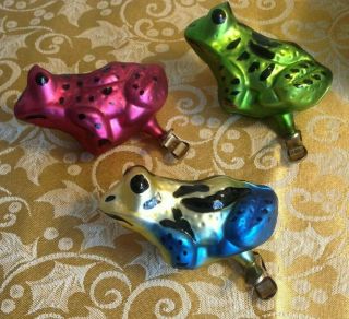 Vintage Trio 3 Retired Blown Glass Clip On Nature Frog Toads Christmas Ornaments