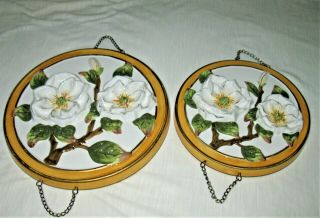Set Of 2 Vintage Ceramic Magnolia Flower Stove Burner Covers/wall Decor
