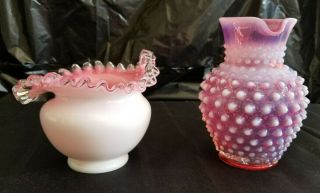 Vtg Hobnail Fenton Opalescent Cranberry Pinched Ball Dish & Syrup Cream Pitcher