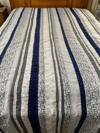 Vintage Hand Quilting Blue & White Stripes W Rag Ruffles Quilt 94 " X 106 " 706