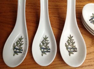 Vintage Japanese White & Green Ceramic Soup Spoon Set Of 6 Bamboo Design Chinese