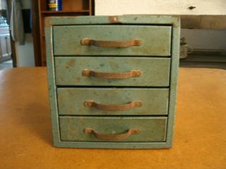 Vintage Industrial Green Small Metal 4 Drawer Cabinet W / Divided Drawers