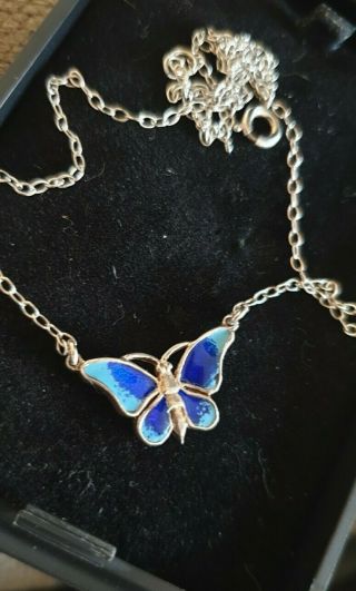 Vintage Sterling Silver Enamel Butterfly Necklace Hallmarked Levi & Salaman