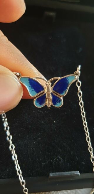 Vintage Sterling Silver Enamel Butterfly Necklace Hallmarked Levi & Salaman 2