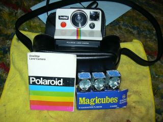 Vintage Polaroid One Step Land Camera With Rainbow Stripe,  Strap,  Case And Guide