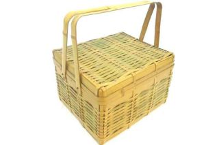 Vintage Retro Woven Bamboo Style Picnic Basket With Handles Mid Century