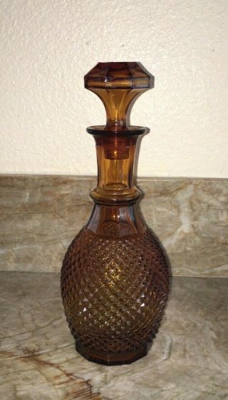 Vintage Italy Amber / Brown Diamond Cut Glass Decanter With Stopper 12.  5 "
