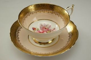 4 Vintage Paragon Fine Bone China Tea Cup & Saucer 4016 Pink Rose Bouquet Gold
