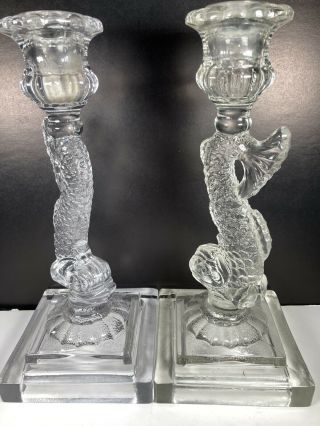 Vintage Ghc Clear Glass Dolphin Koi Fish Candlesticks 9” Mid Century