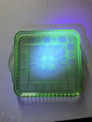 Vintage Green Uranium Depression Glass Serving Tray Platter 2 Handles 67