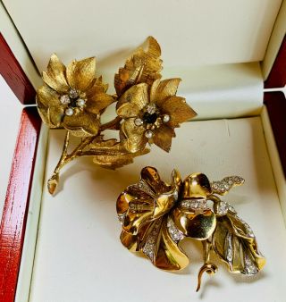 Vintage Jewellery Signed Har/dorlan Rhinestone Gold Plated Flower Brooches/pins