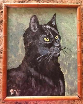 Vintage Black Cat Folk Art Painting Framed Signed