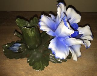 Schmid Capodimonte Porcelain Candle Holder Stick Blue Flower Figural Italy Vtg