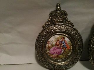 L34 Vtg Miniature Hand Painted Porcelain Medallions with Crown Metal Frames EUC 3