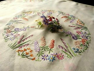 Vintage Hand Embroidered Tablecloth - Circle Of Delicate Flowers