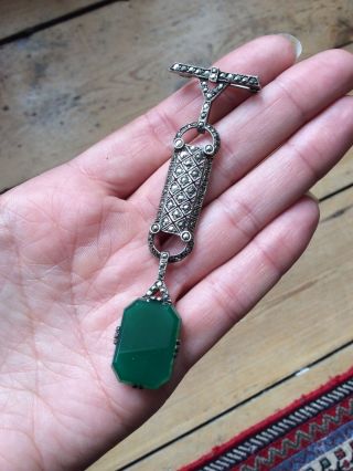 Vintage Jewellery Art Nouveau 935 Silver Green Agate Fob Brooch Boxed