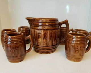 Vintage Brown Art Pottery Ceramic Barrel Jug Glazed Pitcher And 6 Mugs Cups