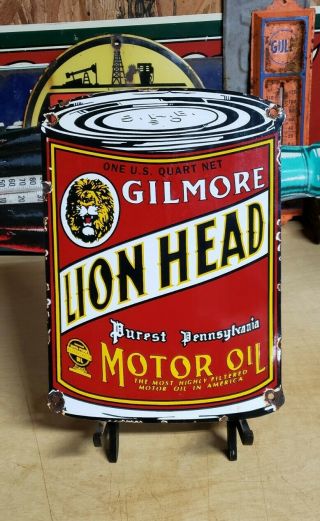 Gilmore Lion Head Motor Oil Porcelain Sign Oil Can Shape Vintage Brand Lubster