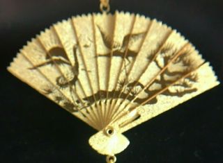 Vintage Dragon Cranes Folding Moving Articulated Fan Gold Necklace Japan Chinese
