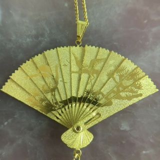 VINTAGE Dragon Cranes Folding Moving Articulated Fan Gold Necklace Japan Chinese 2