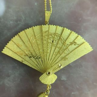VINTAGE Dragon Cranes Folding Moving Articulated Fan Gold Necklace Japan Chinese 3