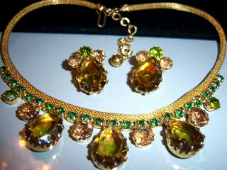 Vtg Juliana Watermelon Rhinestone Gold Mesh Necklace And Earring Set Demi Parure
