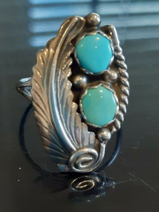 Vintage 925 Silver And Turquoise Ring With Feather Design.  4.  6g Sz S.