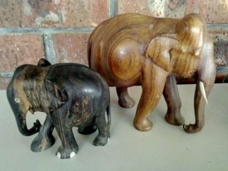 2 X Large Vintage Elephant Figurines.  Hand Carved Wood