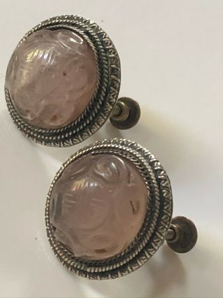 Antique Vintage Victorian Sterling Silver/rose Quartz Round Screw Back Earrings