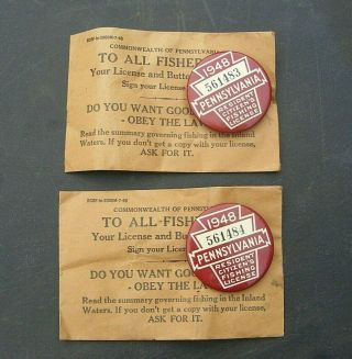 Pair 2 Vintage 1948 Pennsylvania Fishing License Button Pins Consecutive Numbers