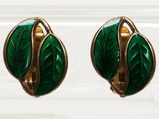 Vintage David Andersen 925s Norway Sterling Silver Green Enamel Leaf Earrings