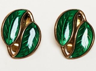Vintage DAVID ANDERSEN 925S NORWAY Sterling Silver Green Enamel Leaf Earrings 2
