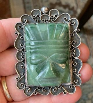 Huge Vintage Carved Jade Aztec Face Sterling Mexican Silver Brooch Pin
