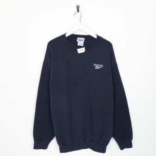 Vintage 90s Reebok Small Logo Sweatshirt Jumper Navy Blue | Large L