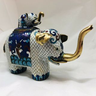 Vintage Chinese Cloisonne Blue Brass Elephant Trinket Ring Pill Box Mom Baby