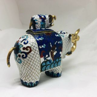 Vintage Chinese Cloisonne Blue Brass Elephant Trinket Ring Pill Box Mom Baby 2