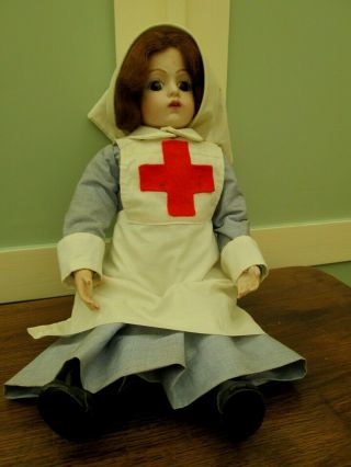 Vintage China Doll 16” Dressed As A Ww1 Home Front Red Cross Vad Nurse