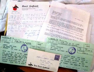 B Barry Bennett Signed 1963 Surfboard Sales Letter Env Telegrams Vintage Surfing