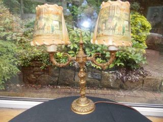 Vintage Brass Double Hunting Table Lamp Lodge Bistro Restaurant Country Home