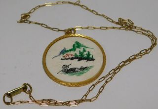 Vintage Hobe Designer Signed Hand Painted Asian Scene Pendant Chain Necklace