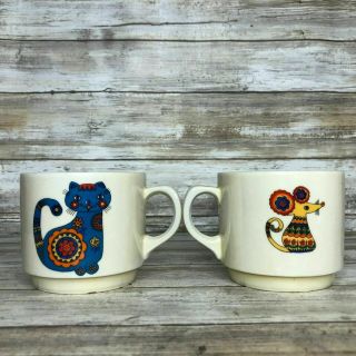 2 Vintage Seltmann Weiden Coffee Mugs Cups Bavaria Mouse Cat Colorful Porcelain