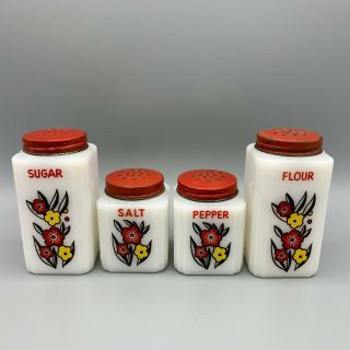 Vintage Tipp City Milk Glass Shakers,  Salt Pepper Sugar Flour - Floral Design
